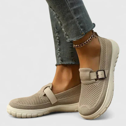 Women's mesh slip-on sneakers with buckle strap and chunky sole – Beige