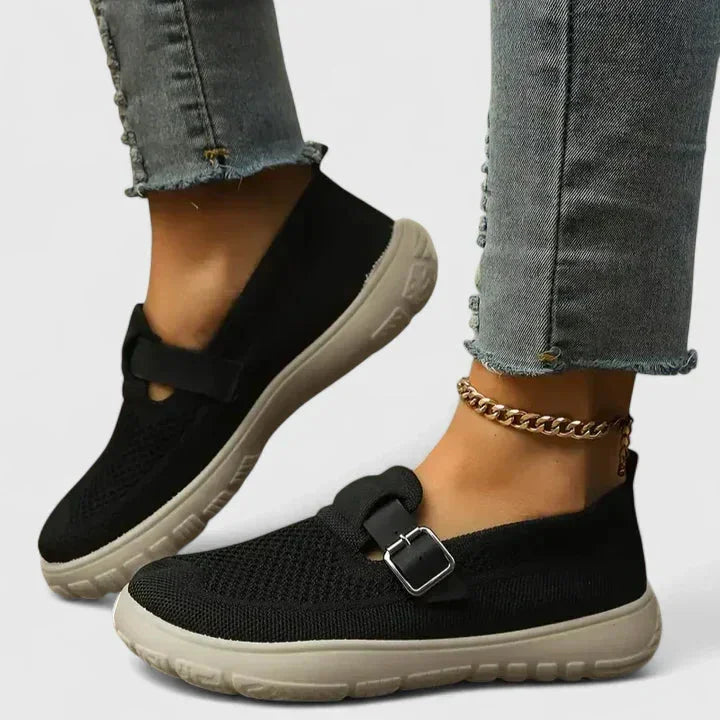 Women's mesh slip-on sneakers with buckle strap and chunky sole – Black