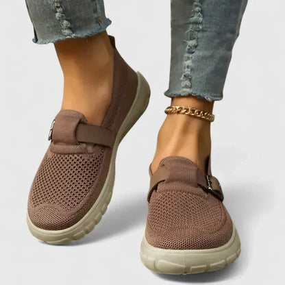 Women's mesh slip-on sneakers with buckle strap and chunky sole – Brown