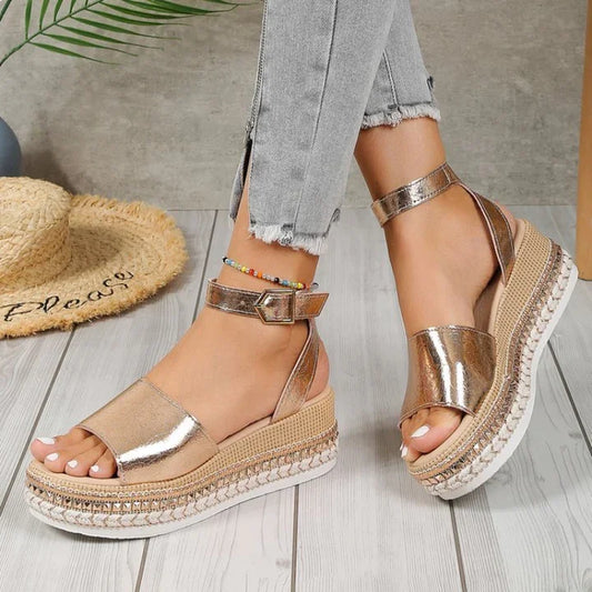 Women's metallic comfort adjustable espadrille sandals with ankle strap – Gold