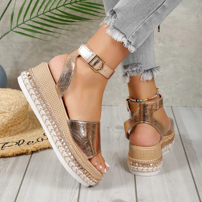 Women's metallic comfort adjustable espadrille sandals with ankle strap – Gold