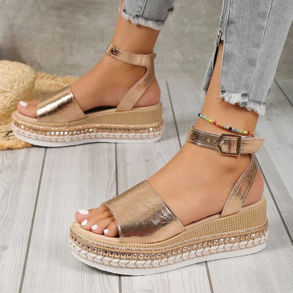 Women's metallic comfort adjustable espadrille sandals with ankle strap – Gold