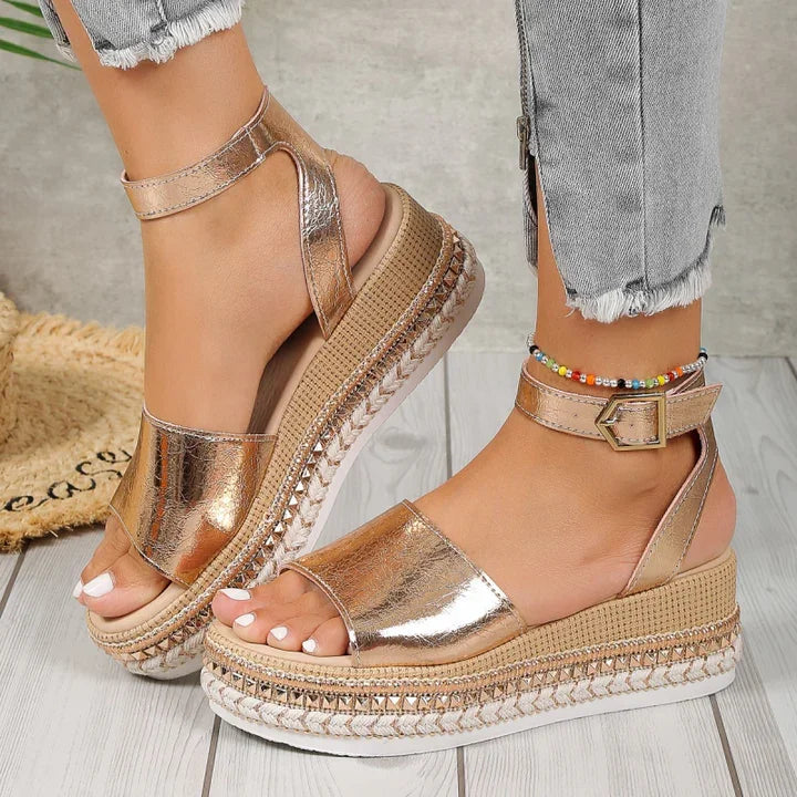 Women's metallic comfort adjustable espadrille sandals with ankle strap – Gold