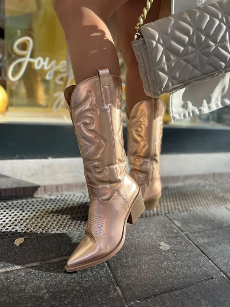 Women's metallic cowboy boots with embroidered design and side-zipper