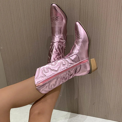 Women's metallic cowboy boots with embroidered design and side-zipper