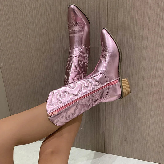 Women's metallic cowboy boots with embroidered design and side-zipper