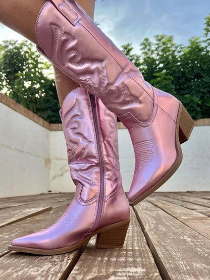Women's metallic cowboy boots with embroidered design and side-zipper