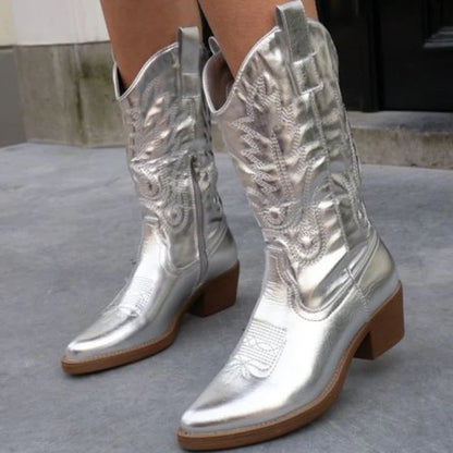 Women's metallic cowboy boots with embroidered design and side-zipper – Silver