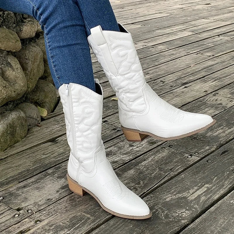 Women's metallic cowboy boots with embroidered design and side-zipper – White
