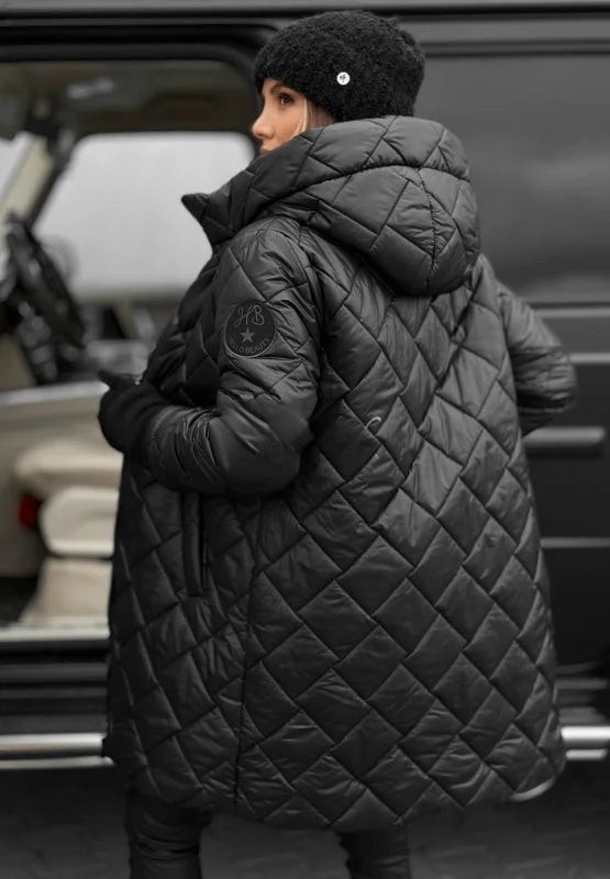 Women's metallic quilted hooded long puffer coat with zip closure