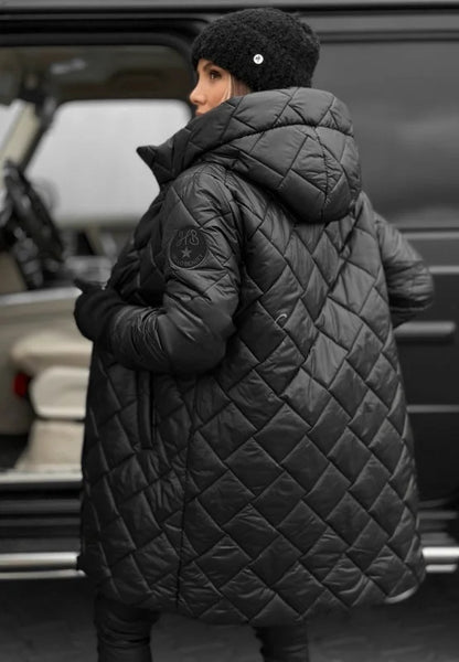 Women's metallic quilted hooded long puffer coat with zip closure