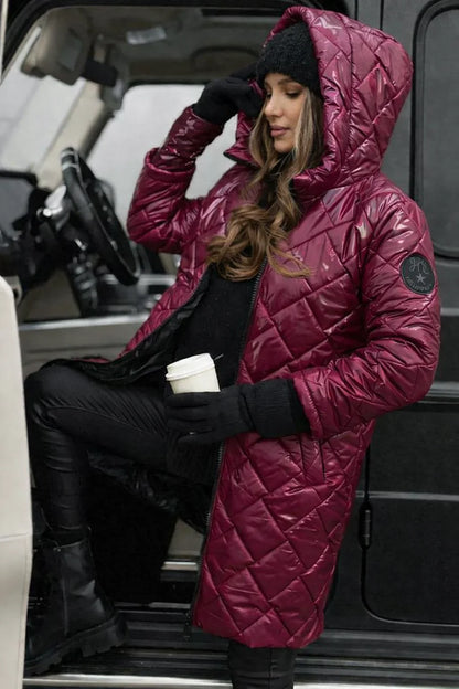 Women's metallic quilted hooded long puffer coat with zip closure