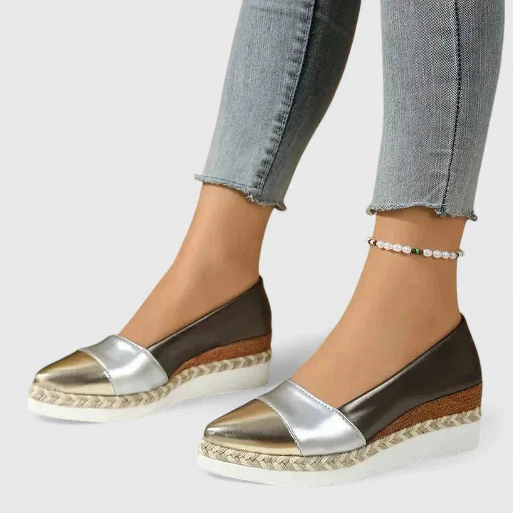 Women's metallic slip-on espadrille wedge platform loafers