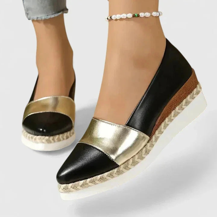 Women's metallic slip-on espadrille wedge platform loafers – Black
