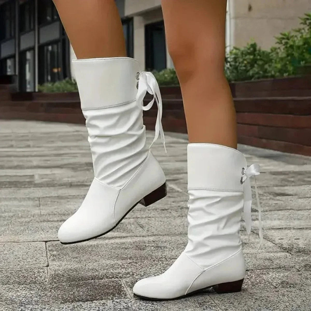 Women's mid-calf lace-up slouchy block heel ankle boots