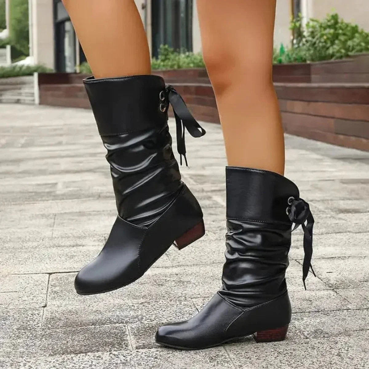Women's mid-calf lace-up slouchy block heel ankle boots