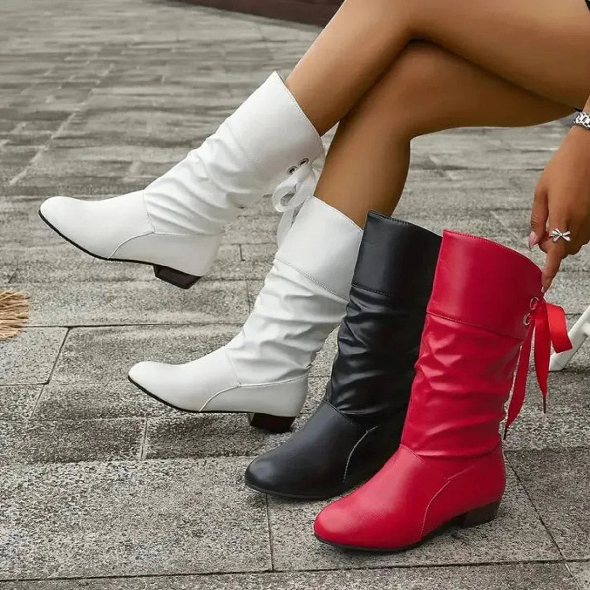 Women's mid-calf lace-up slouchy block heel ankle boots