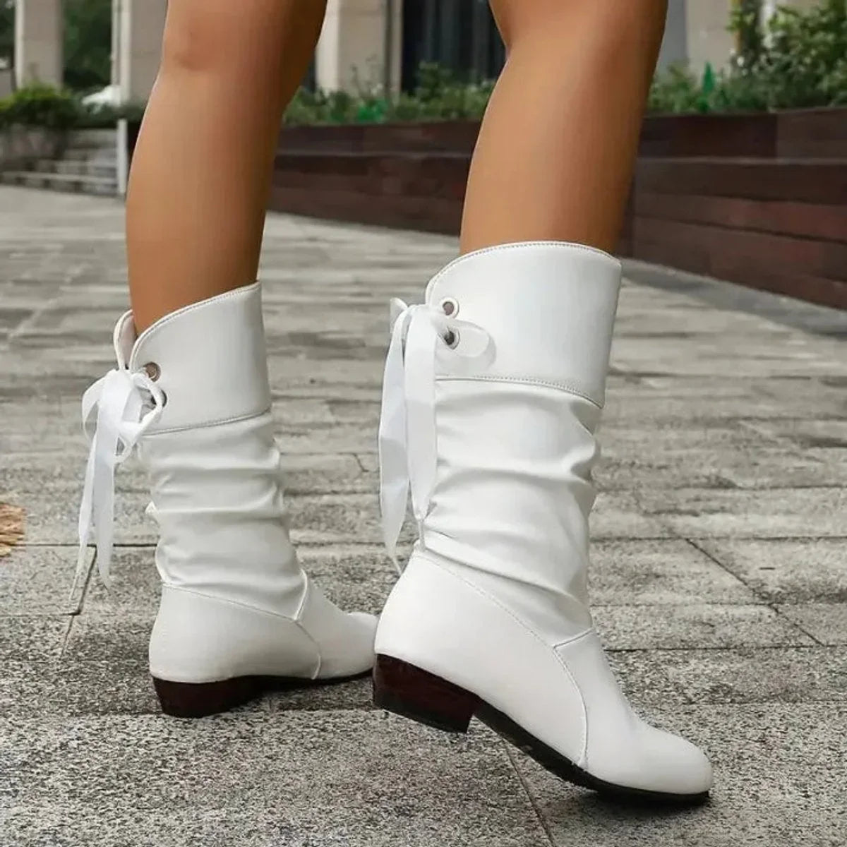 Women's mid-calf lace-up slouchy block heel ankle boots