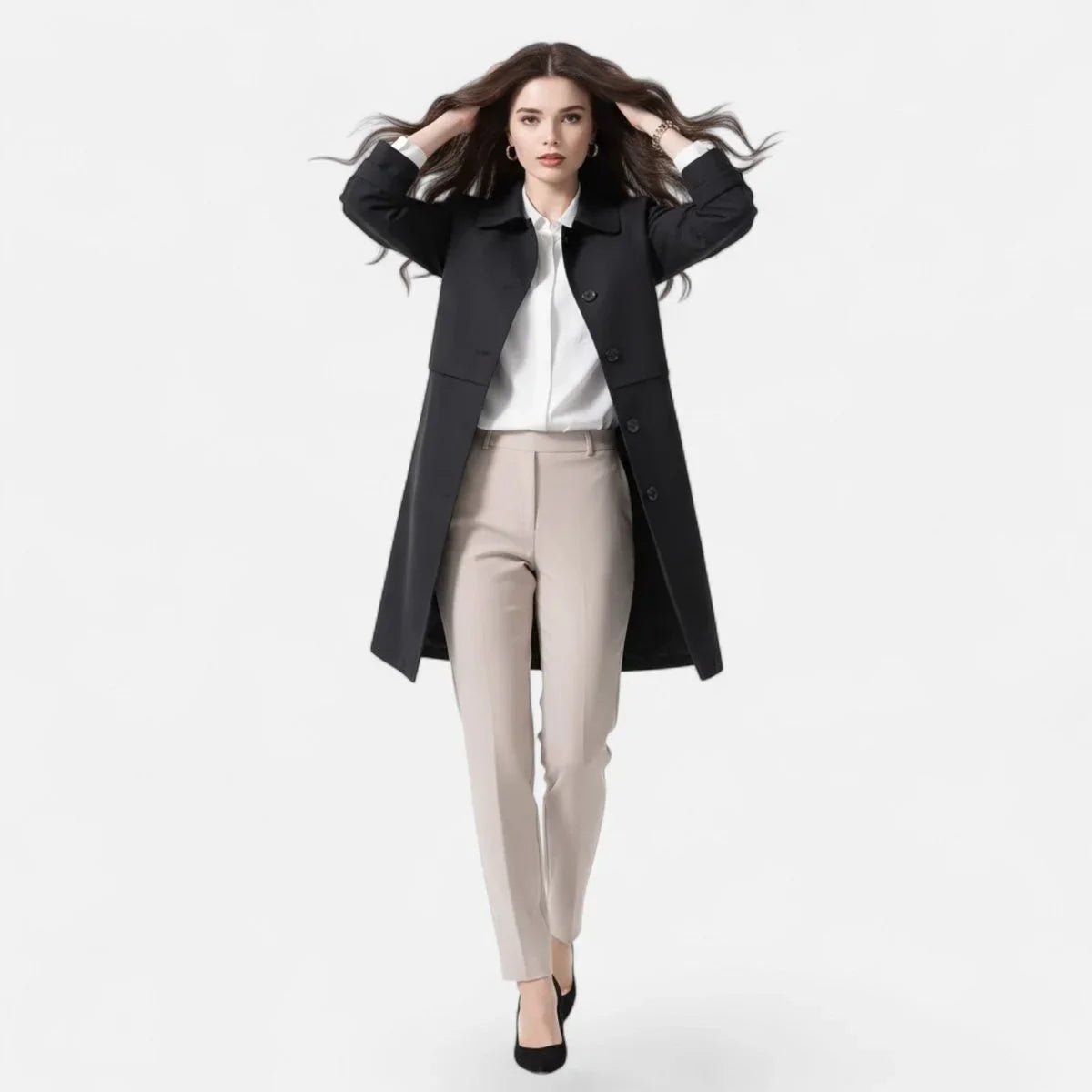 Women's mid-length wool-blend double-breasted trench coat