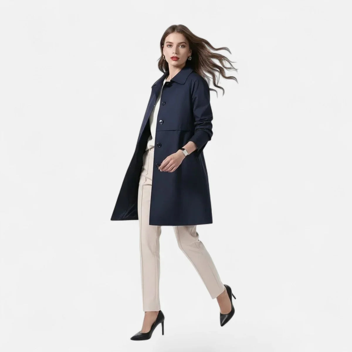 Women's mid-length wool-blend double-breasted trench coat