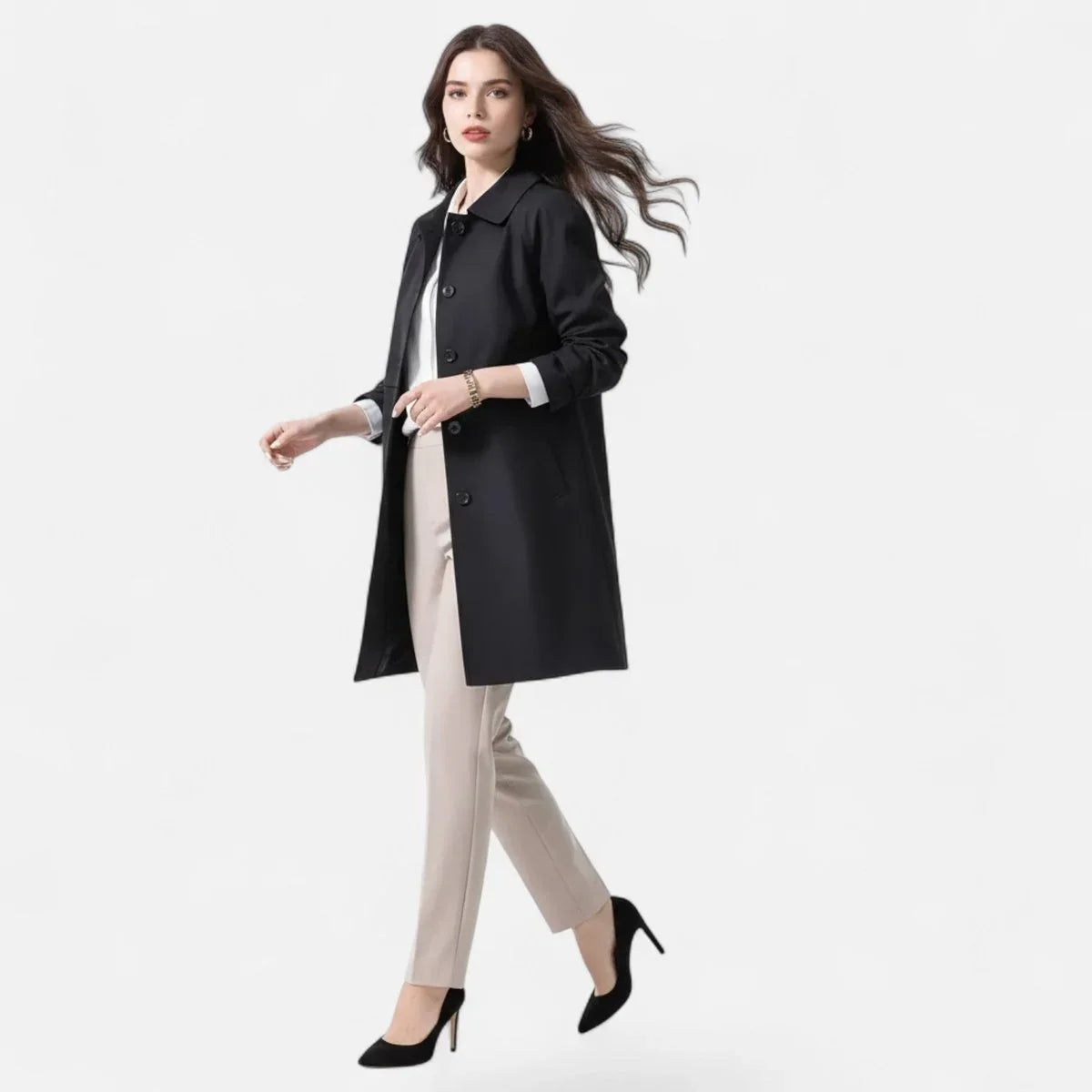 Women's mid-length wool-blend double-breasted trench coat