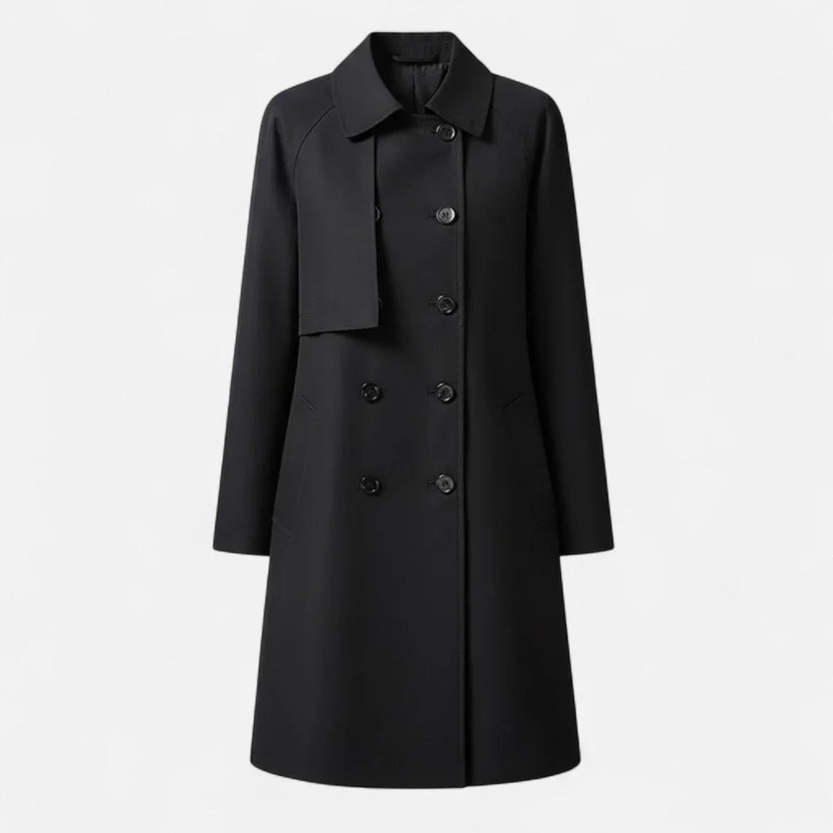 Women's mid-length wool-blend double-breasted trench coat – Black