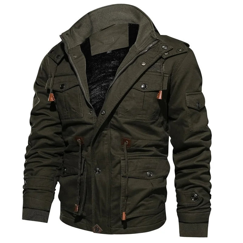 Women's military utility field jacket with sherpa lining and detachable hood