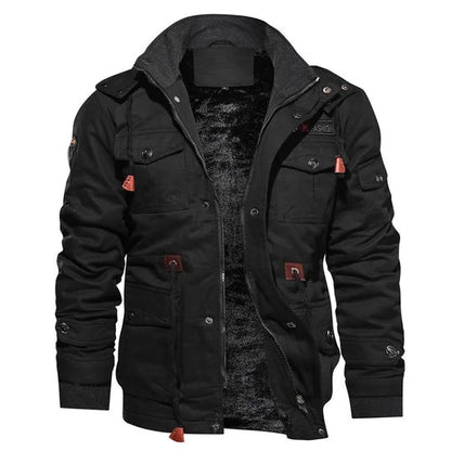 Women's military utility field jacket with sherpa lining and detachable hood – Black