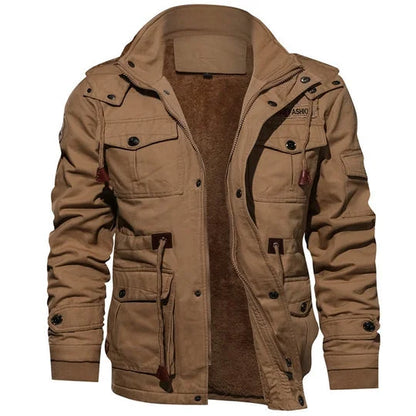 Women's military utility field jacket with sherpa lining and detachable hood – Brown