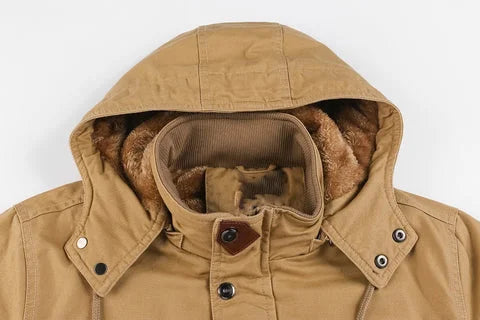 Women's military utility field jacket with sherpa lining and detachable hood