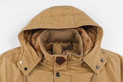 Women's military utility field jacket with sherpa lining and detachable hood