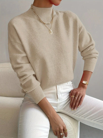 Women's mock-neck long-sleeve knit sweater with relaxed fit and ribbed cuffs – Beige