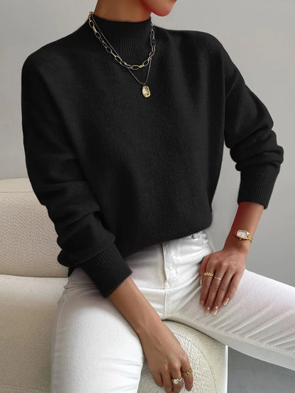 Women's mock-neck long-sleeve knit sweater with relaxed fit and ribbed cuffs – Black