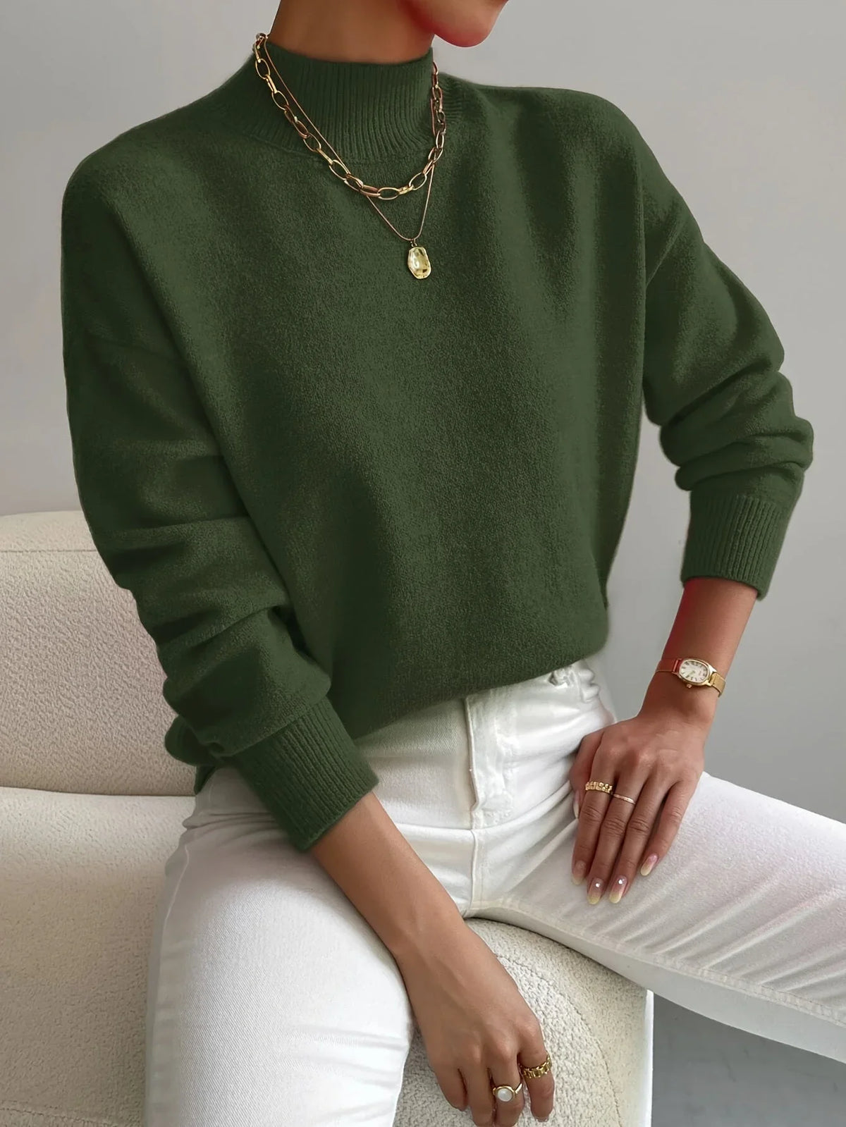 Women's mock-neck long-sleeve knit sweater with relaxed fit and ribbed cuffs – Green