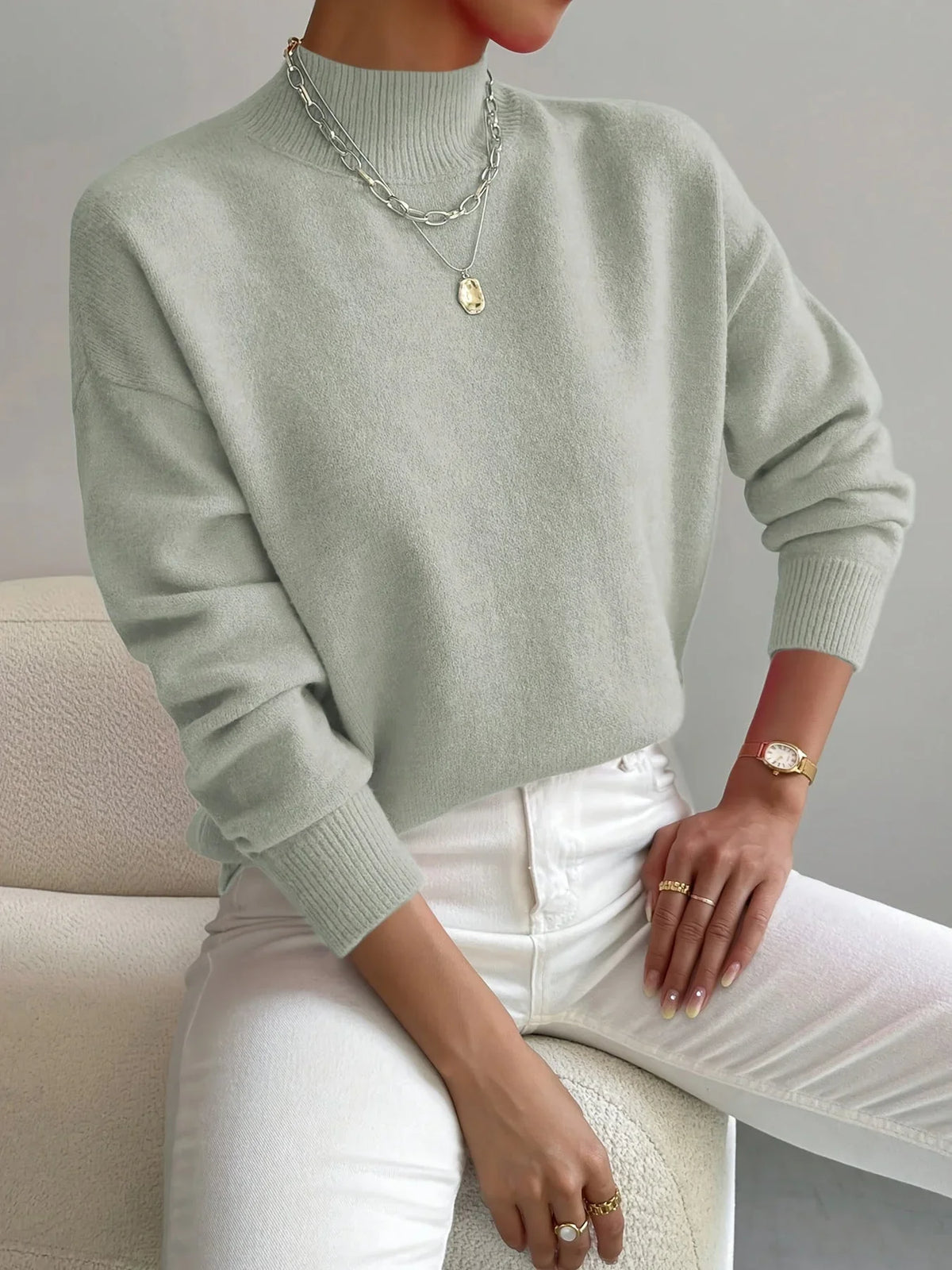 Women's mock-neck long-sleeve knit sweater with relaxed fit and ribbed cuffs – Light Green