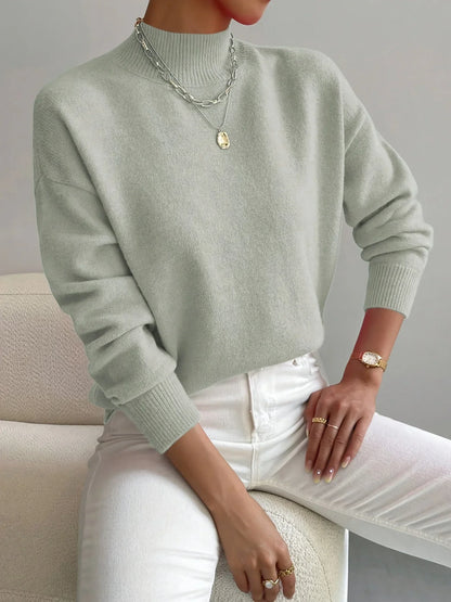 Women's mock-neck long-sleeve knit sweater with relaxed fit and ribbed cuffs – Light Green
