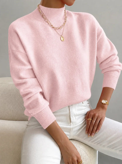 Women's mock-neck long-sleeve knit sweater with relaxed fit and ribbed cuffs – Light Pink