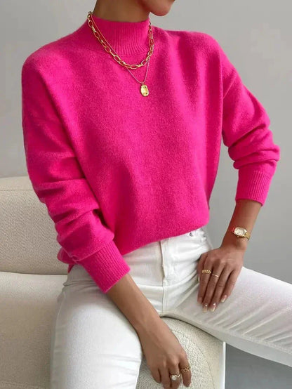 Women's mock-neck long-sleeve knit sweater with relaxed fit and ribbed cuffs – Pink
