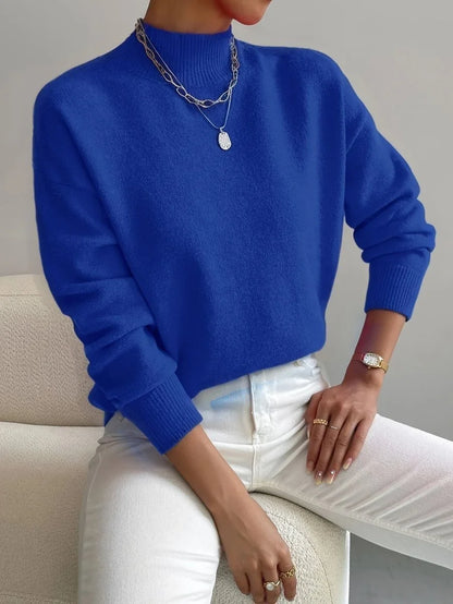 Women's mock neck relaxed-fit knit turtleneck sweater – Blue