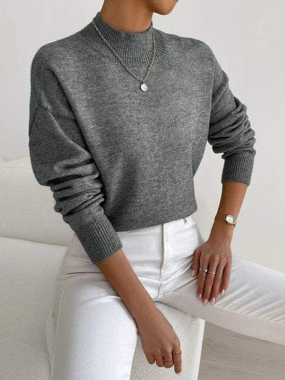 Women's mock neck relaxed-fit knit turtleneck sweater – Dark Gray