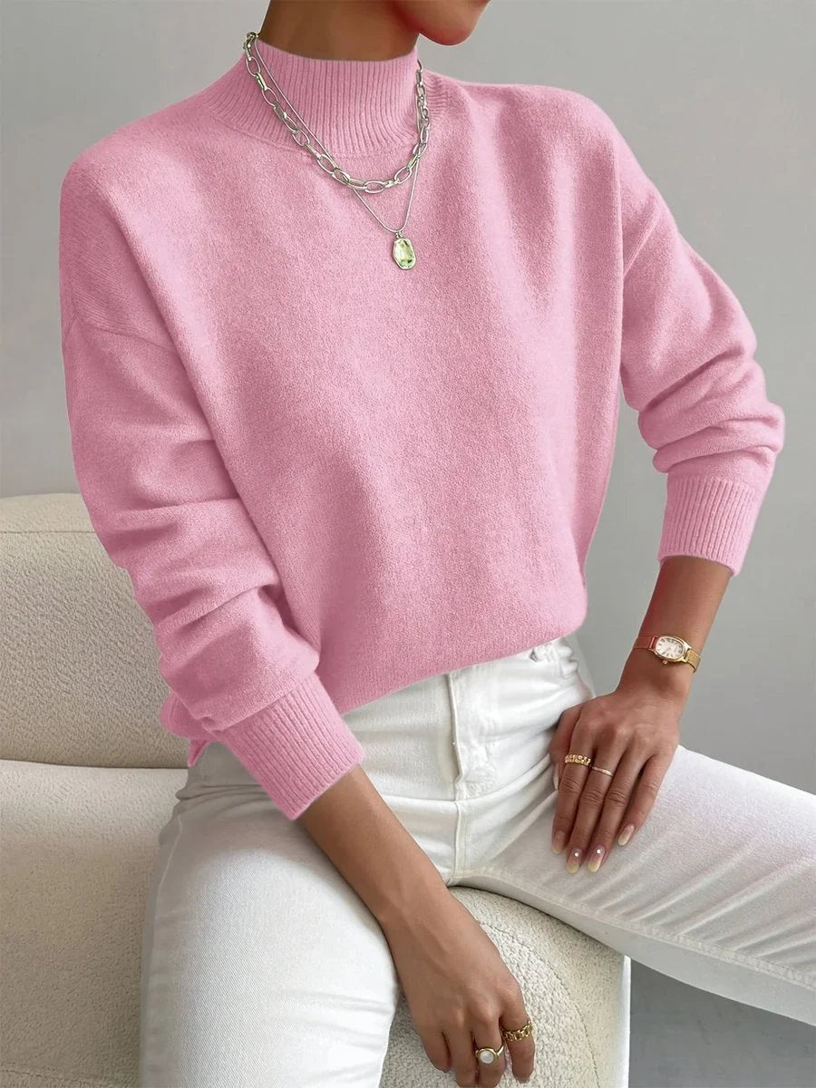 Women's mock neck relaxed-fit knit turtleneck sweater – Light Pink