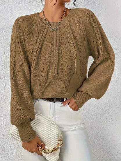 Women's modern cable knit long sleeve knit sweater with crew neck and voluminous sleeves – Brown