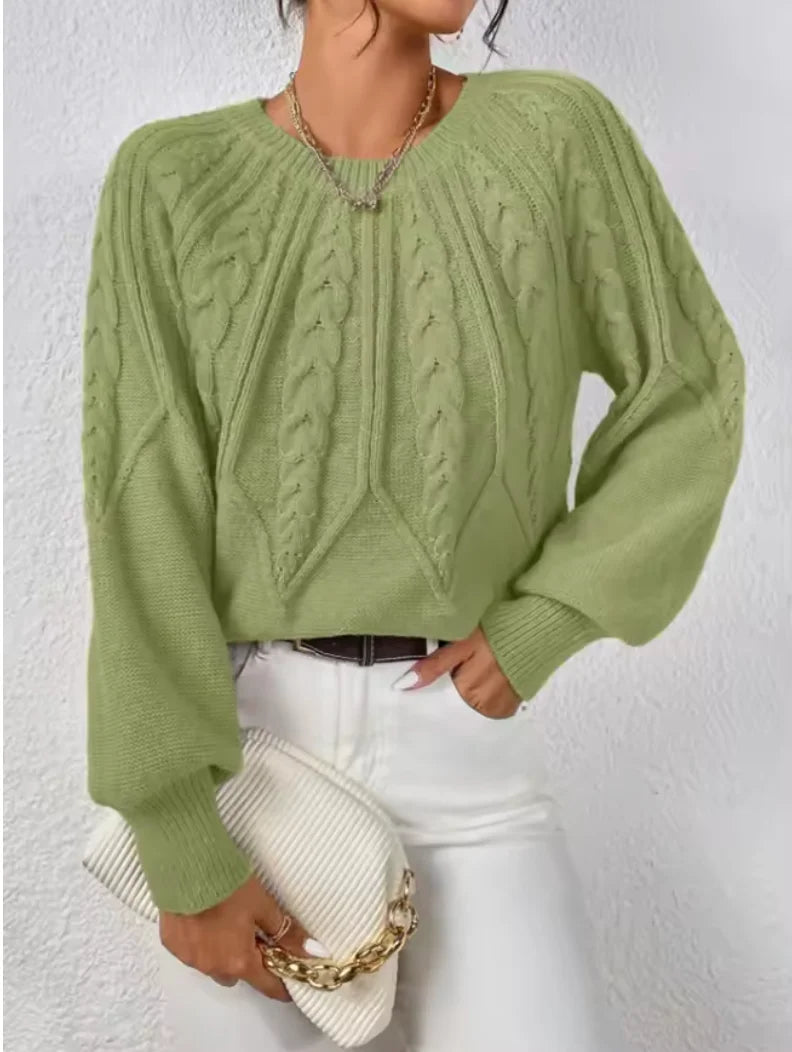 Women's modern cable knit long sleeve knit sweater with crew neck and voluminous sleeves – Light Green