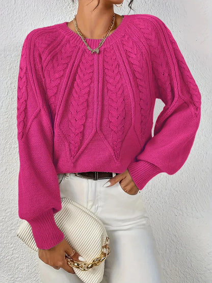 Women's modern cable knit long sleeve knit sweater with crew neck and voluminous sleeves – Pink