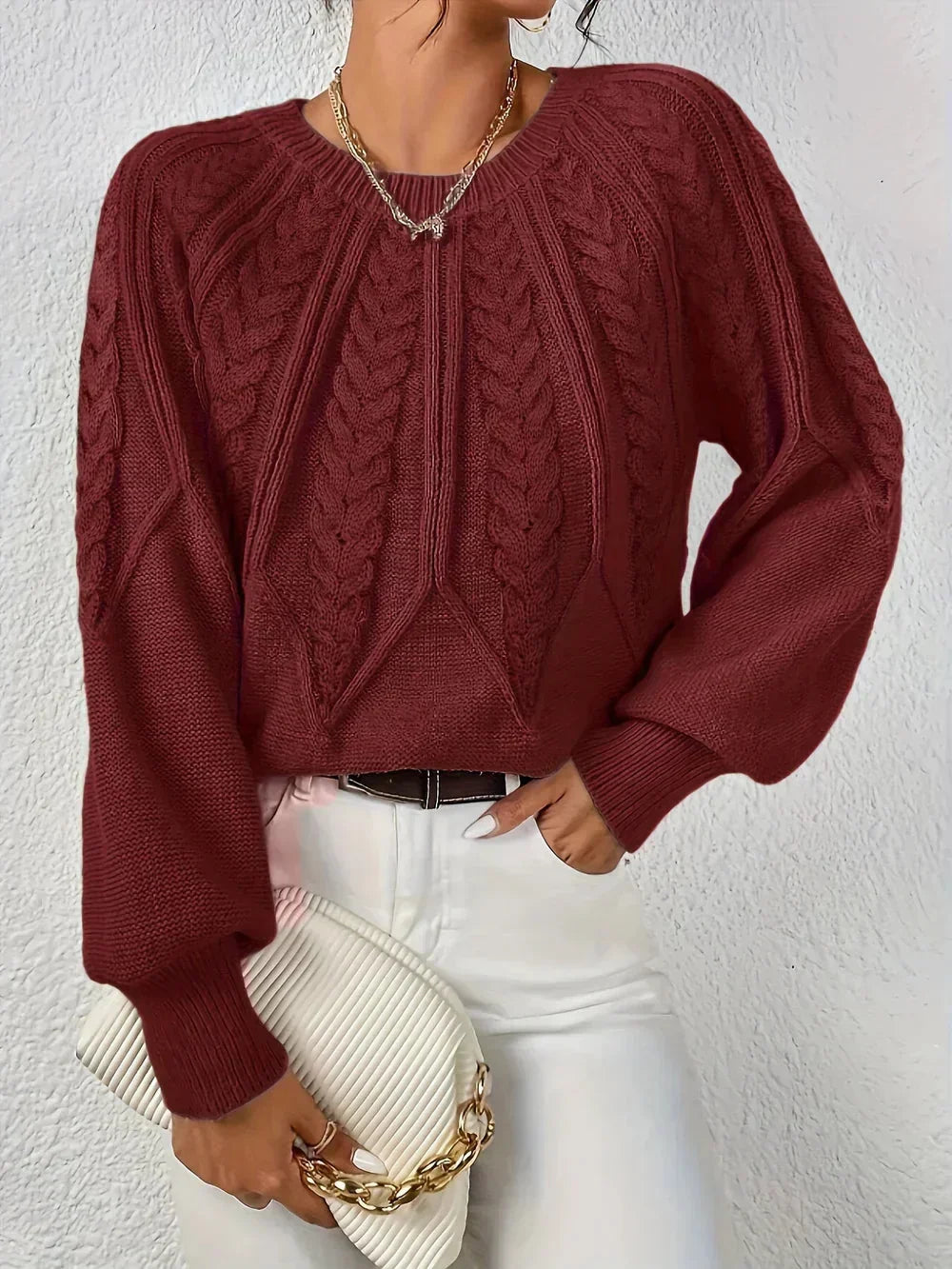 Women's modern cable knit long sleeve knit sweater with crew neck and voluminous sleeves – Red
