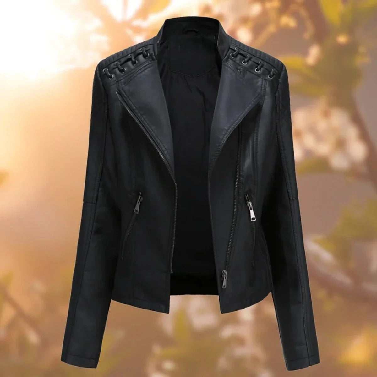 Women's moto-style zip-up faux leather biker jacket