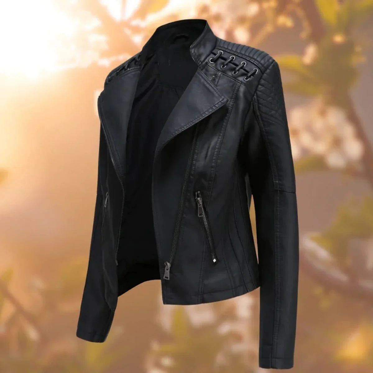 Women's moto-style zip-up faux leather biker jacket – Black