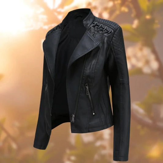 Women's moto-style zip-up faux leather biker jacket – Black