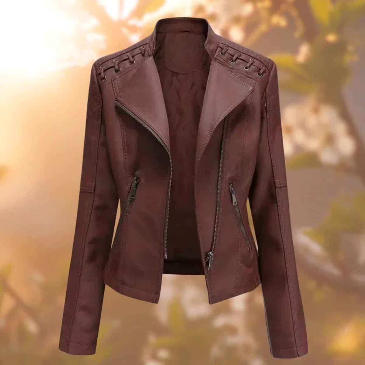 Women's moto-style zip-up faux leather biker jacket – Dark Brown