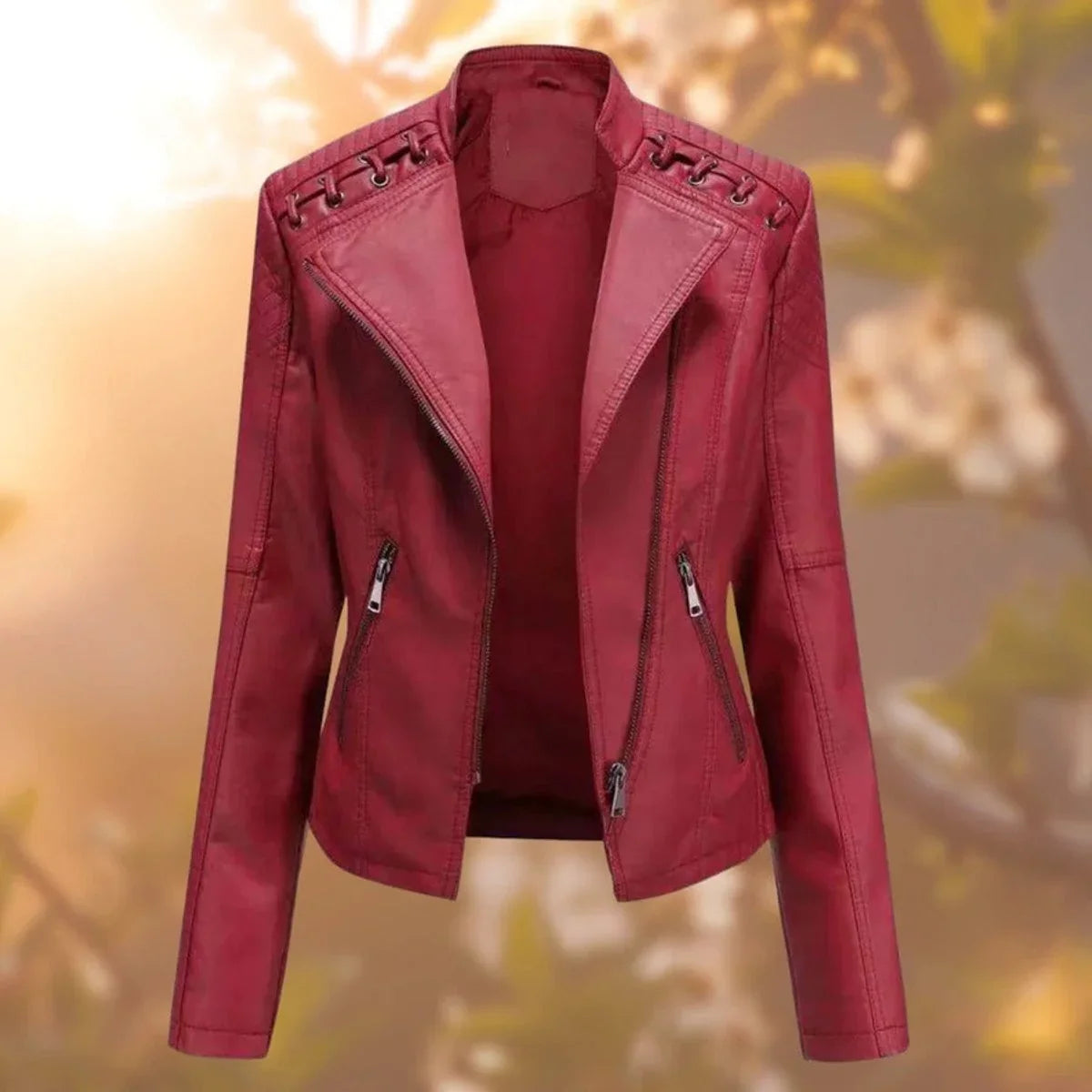 Women's moto-style zip-up faux leather biker jacket – Dark Red